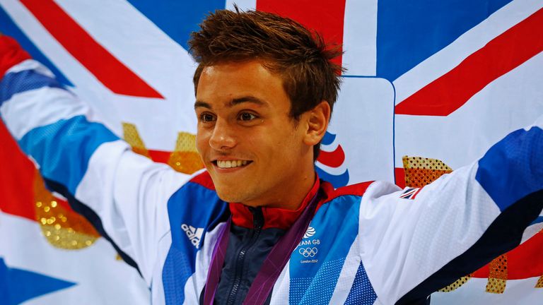 Tom Daley celebrates winning the bronze medal at London 2012