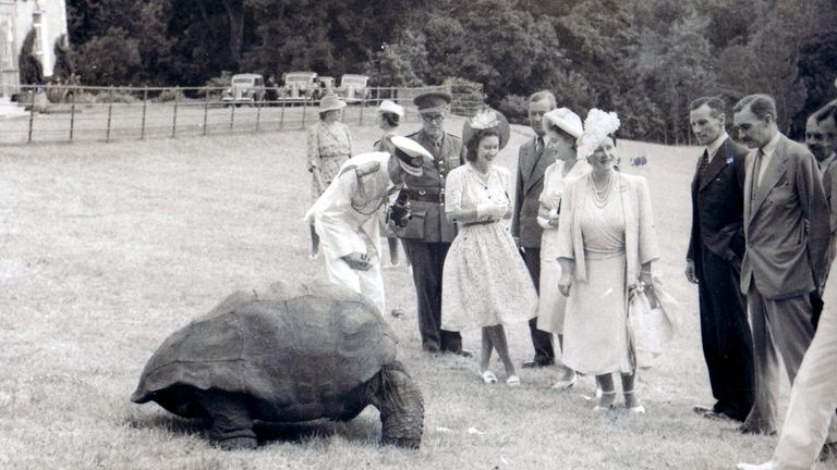 BLACK AND WHITE ONLY Handout photo dated 1947 issued by St Helena of members of the royal family, including, King George VI, Queen Elizabeth II (then known as Princess Elizabeth), Princess Margaret, and the Queen Mother (the then Queen Elizabeth) on the remote South Atlantic Ocean of St Helena, meeting giant Seychelles tortoise &#39;Jonathan&#39;, then 115 years-old. The Duke of Edinburgh has encountered the oldest living land animal in the world, Jonathan the 191-year-old giant tortoise. Issue date: We
