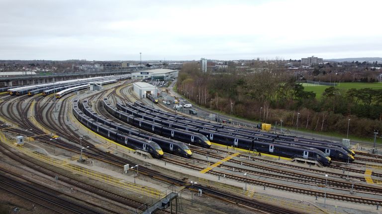 Pic: PA
Southeastern trains in sidings at Ashford International Station in Kent. Train services on some of the country's busiest commuter routes will be crippled on Tuesday because of another strike by drivers. Picture date: Tuesday January 30, 2024.