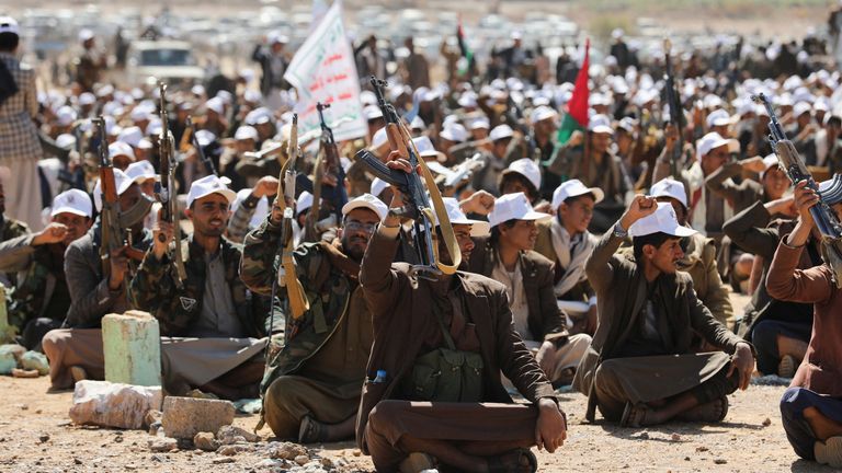 Tribesmen loyal to the Houthis sit during a parade for new tribal recruits amid escalating tensions with the U.S.-led coalition in the Red Sea, in Bani Hushaish, Yemen January 22, 2024. REUTERS/Khaled Abdullah

