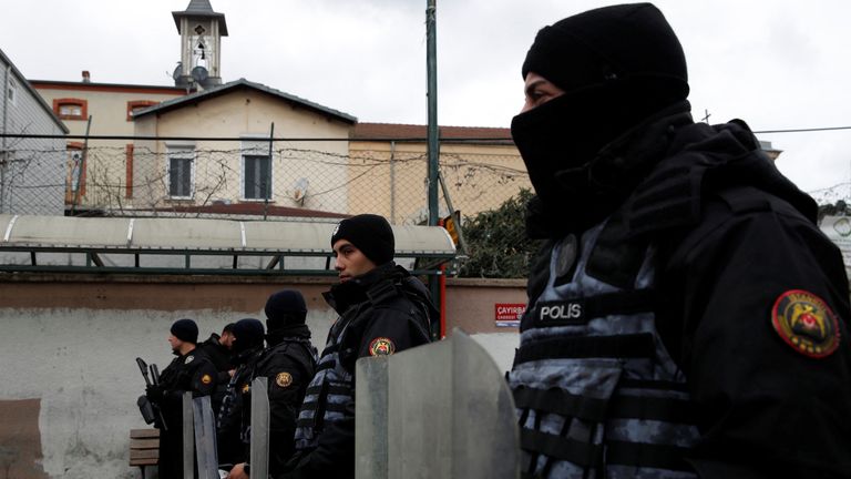 Turkish police stand guard outside the Italian Santa Maria Catholic Church after two masked gunmen were shooting during Sunday service, in Istanbul, Turkey January 28, 2024. REUTERS/Dilara Senkaya