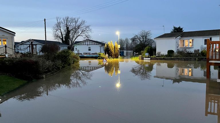 Floodwater surrounds houses in Radcliffe-on-Trent, Nottinghamshire