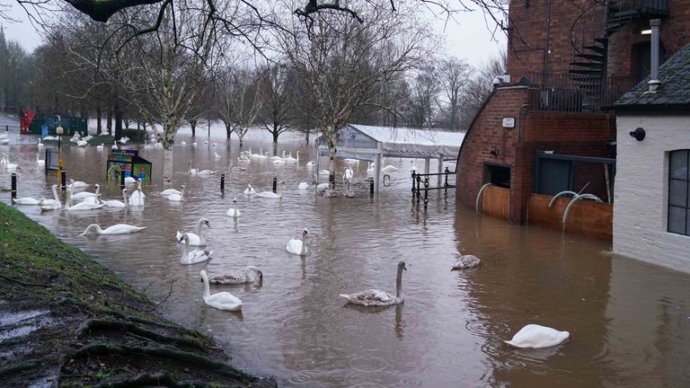 Flood water surrounds the Severn View public house, as heavy rain continues to fall in Worcester. The Met Office has issued an amber weather warning for Storm Henk, which is forecast to bring gusts of up to 80mph to parts of the UK. Picture date: Tuesday January 2, 2024.