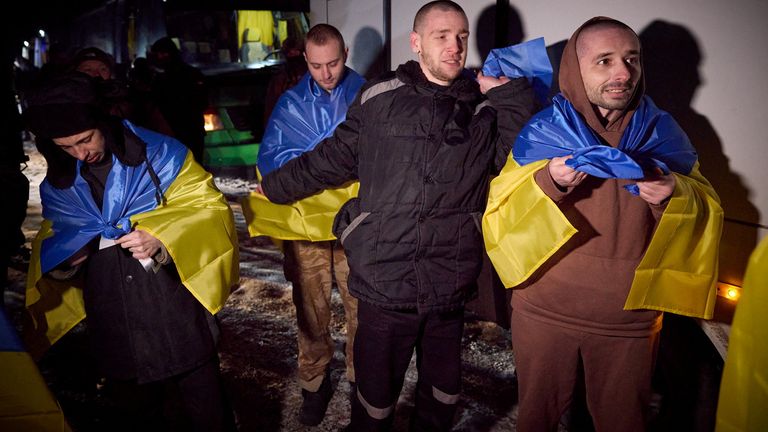 Released Ukrainian prisoners of war are seen in an unknown location after the swap