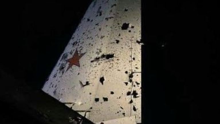 An image purporting to show damage to the Ilyushin Il-22 plane. Pic: VChK-OGPU/Telegram