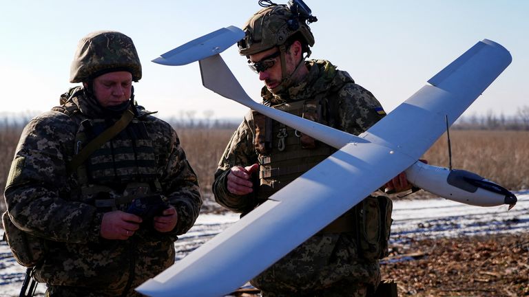 Ukrainian service members of the aerial reconnaissance unit of 45th Separate Artillery Brigade prepare a Mara reconnaissance unmanned aerial vehicle to fly near the town of Lyman, amid Russia&#39;s attack on Ukraine, in Donetsk region, Ukraine January 29, 2024. REUTERS/Inna Varenytsia