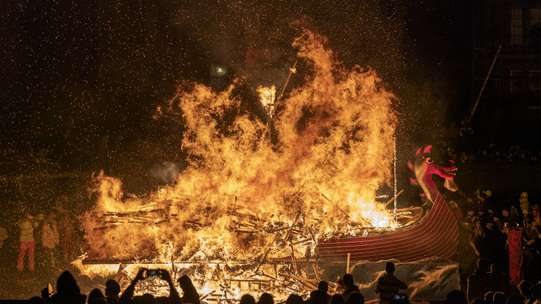 The Jarl Squad set light to the galley in Lerwick on the Shetland Isles during the Up Helly Aa fire festival. Originating in the 1880s, the festival celebrates Shetland&#39;s Norse heritage. Picture date: Tuesday January 31, 2023.
