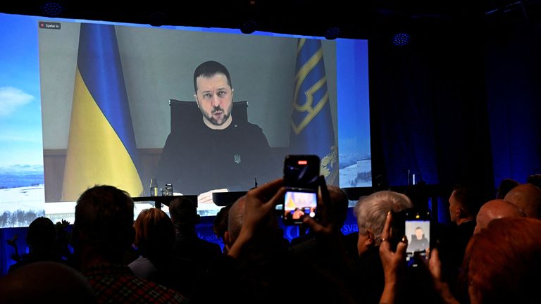 Volodymyr Zelenskyy speaking via video link at a defence conference in Sweden