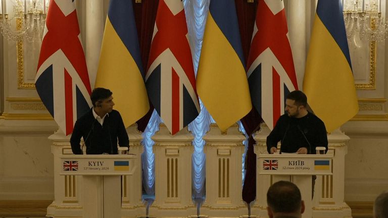 Ukrainian President Volodymyr Zelenskyy met British Prime Minister Rishi Sunak in Kyiv, where the two signed a security agreement.