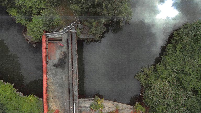 Aerial view of the "red bridge" over the River Cynon