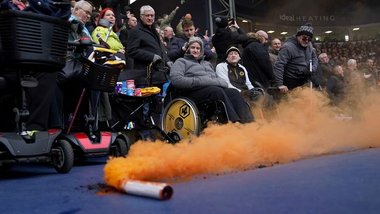 A smoke flare on the ground in front of the Wolverhampton Wanderers during the Emirates FA Cup fourth round match at The Hawthorns, West Bromwich. Picture date: Sunday January 28, 2024.


