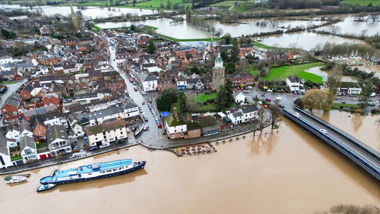 Flooding around the town of Upton on Severn in Worcestershire. The Met Office has issued an amber weather warning for Storm Henk, which is forecast to bring gusts of up to 80mph to parts of the UK. Picture date: Tuesday January 2, 2024. PA Photo. Photo credit should read: David Davies/PA Wire 