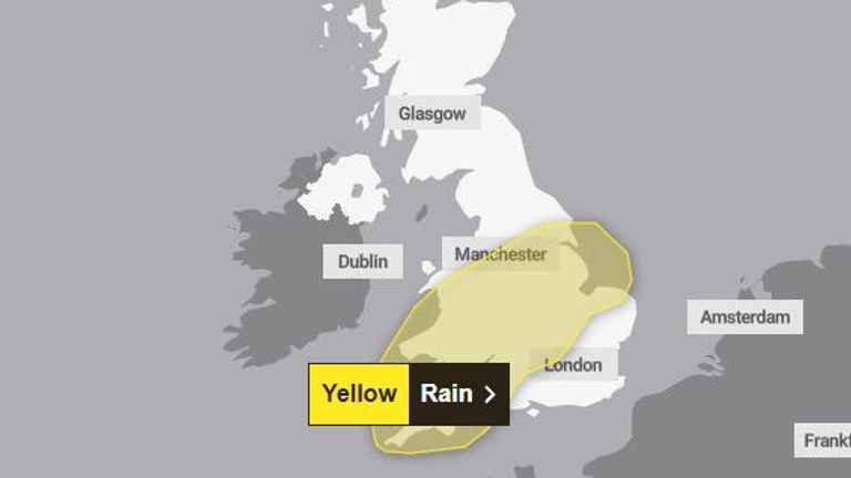 The yellow weather warning covers much of England and Wales. Pic: Met Office