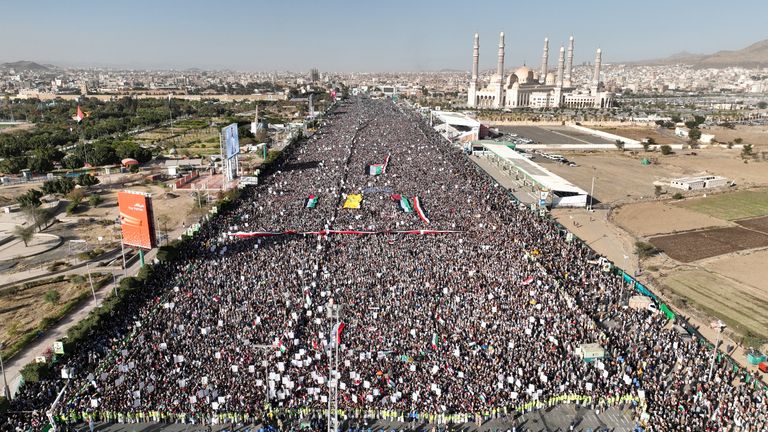 An aerial view the Houthi group claims shows a mass protest in Yemen's capital. Pic: Houth Media Centre