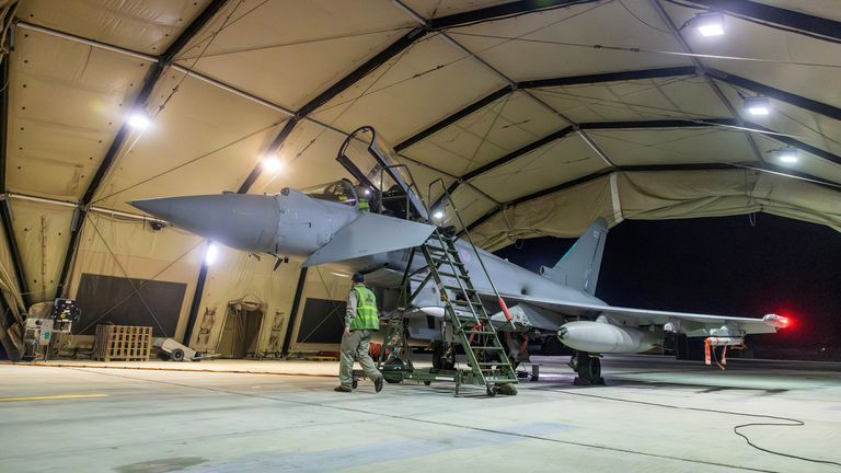 An RAF Typhoon aircraft is pictured at RAF Akrotiri following its return after striking military targets in Yemen