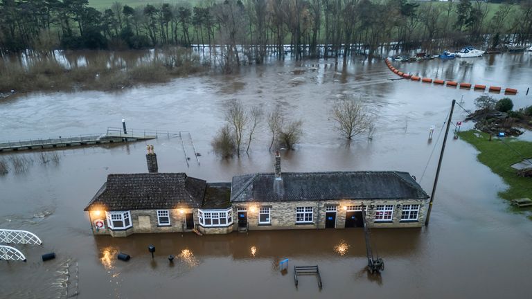 Flood water at Naburn Lock on the outskirts of York