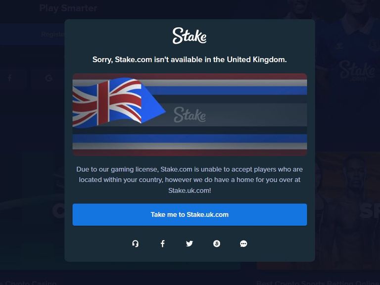 The crypto casino Stake.com is blocked in the UK. Customers are redirected to their legal, non-crypto casino instead. Pic: Stake.com 