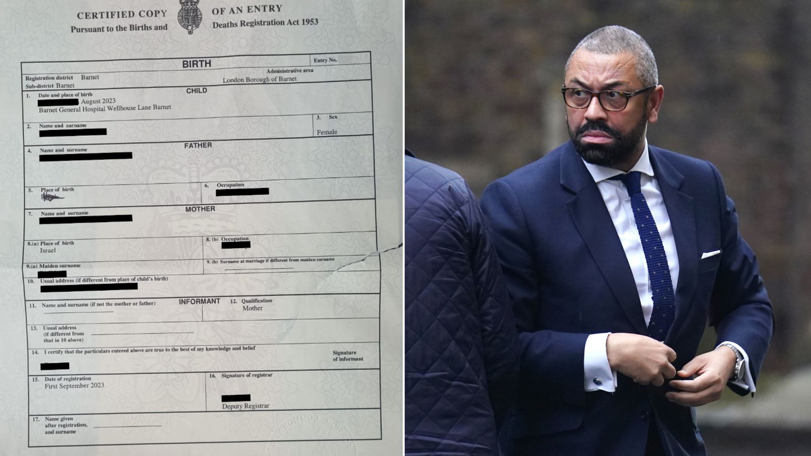 Home Secretary James Cleverly apologises after 'Israel' scribbled out on baby's birth certificate