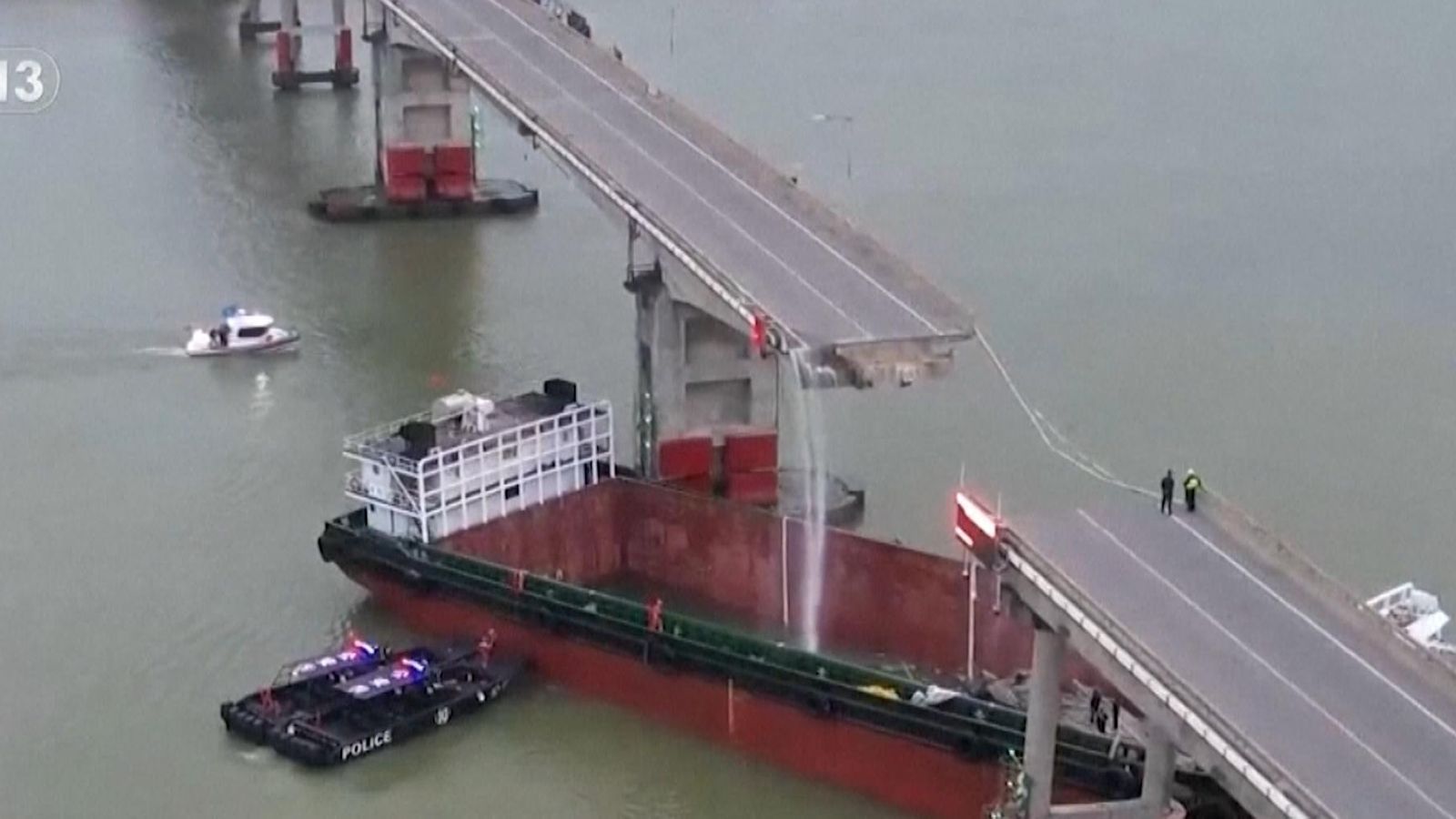 China: Cars plunge into water as container ship crashes into bridge in ...