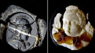 a Roman first century profile intaglio bust of goddess Minerva/Athena and a cameo with bust of god Cupid/Eros
Pic: PA