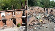 The burnt out Crooked House pub near Dudley and  the rubble remains. Pics: PA