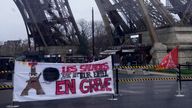 A union banner reads &#39;Eiffel Tower employees on strike&#39;. Pic: AP