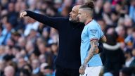 Pep Guardiola with Kalvin Phillips at Manchester City&#39;s Etihad Stadium in April last year. Pic: Reuters