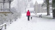 A person walks a dog through Pavilion Gardens, Buxton, Peak District. Up to 25cm of snow is forecast in parts of England and Wales, as the Met Office issued weather alerts and warned of disruption to travel. Picture date: Thursday February 8, 2024.