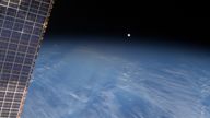 A full moon is visible with part of the International Space Station&#39;s solar array wing in this view above Earth&#39;s horizon, photographed by a crew member from the International Space Station while Space Shuttle Discovery (STS-128) remains docked with the station in this NASA handout photo taken September 3, 2009. REUTERS/NASA/Handout (UNITED STATES SCI TECH IMAGES OF THE DAY) FOR EDITORIAL USE ONLY. NOT FOR SALE FOR MARKETING OR ADVERTISING CAMPAIGNS
