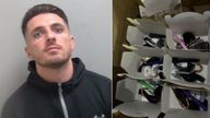 Thomas Salton and party bags with nitrous oxide and Ketamine. Credit: Essex Police
A drug dealer who was caught with party bags containing canisters of laughing gas has become the first person to be jailed for possession of the class C drug since it was outlawed.