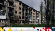 An apartment building is destroyed in Avdiivka, the site of heavy battles with Russian troops in the Donetsk region, Ukraine, Tuesday, April 25, 2023. (AP Photo/Libkos)