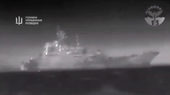 Still from a video released by Ukraine&#39;s military intelligence that appears to show the attack on the Caesar Kunikov warship. Pic: Ukraine military intelligence