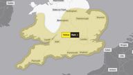 Pic: Met Office
Yellow weather warning issued by the Met Office for rain, in effect from 3pm on 17 February to 9am on 18 February.