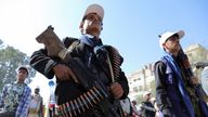 New Houthi recruits parade to show support to Palestinians in the Gaza Strip, in Sanaa, Yemen.
Pic: Reuters  