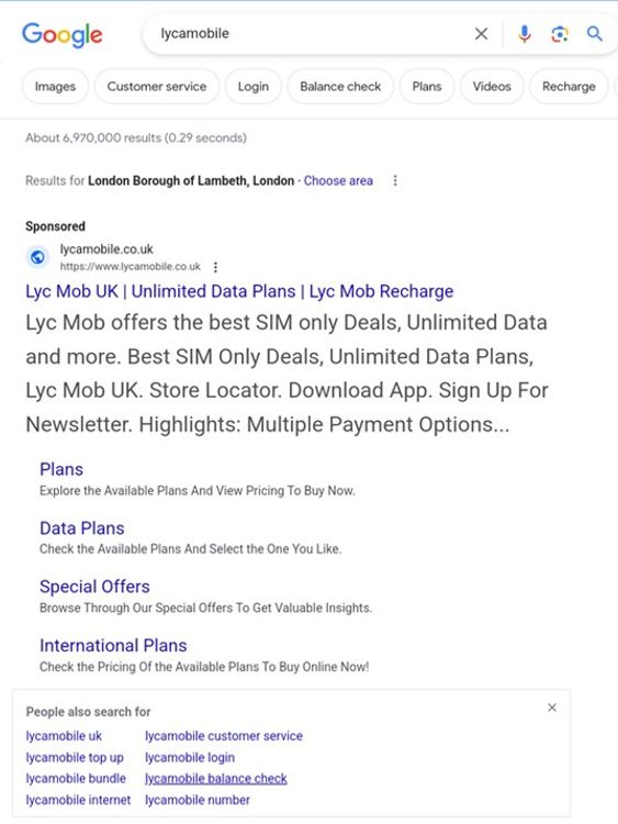 Screenshot of a dodgy ad pretending to be Lyca Mobile. Pic: Which?
