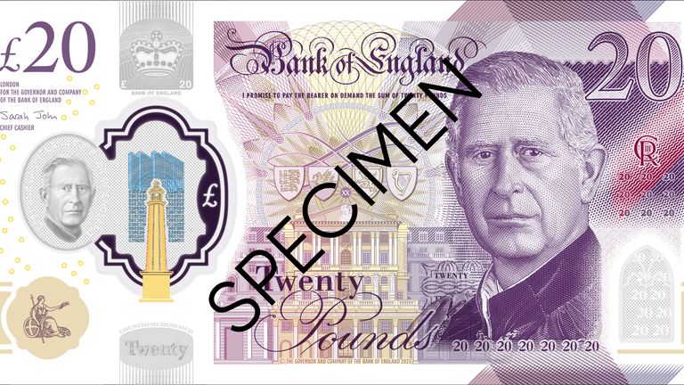 The new £20 note featuring a portrait of King Charles III.
Pic:Bank of England/PA