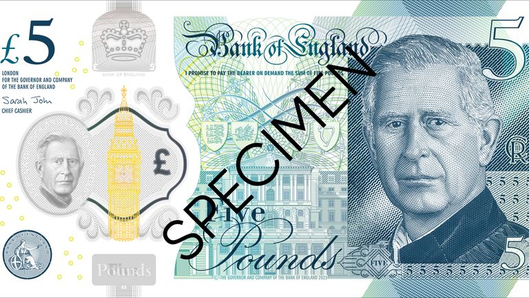 The new £5 note features the portrait of King Charles III. Image: Bank of England/PA