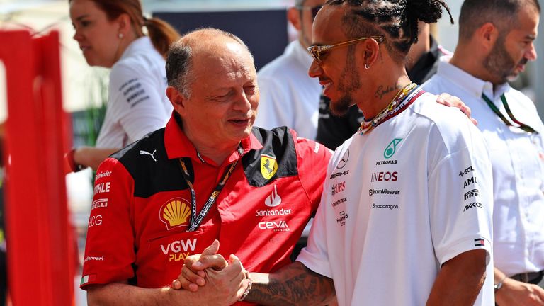 Ferrari&#39;s Frederic Vasseur  and Lewis Hamilton 
Pic: XBR/Alamy