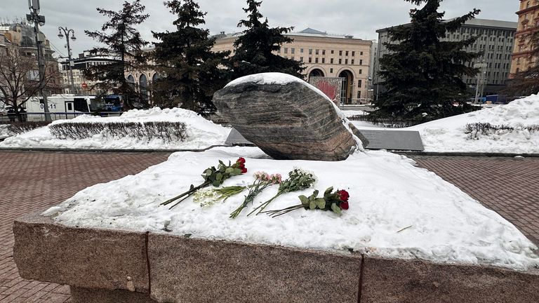 Some flowers left for Alexei Navlany at the Solovetsky Stone in Moscow