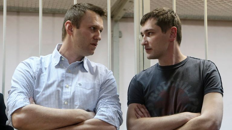 Alexei Navalny (L) and his brother Oleg Navalny at a court hearing in Moscow, Russia, in 2014. Pic: Reuters