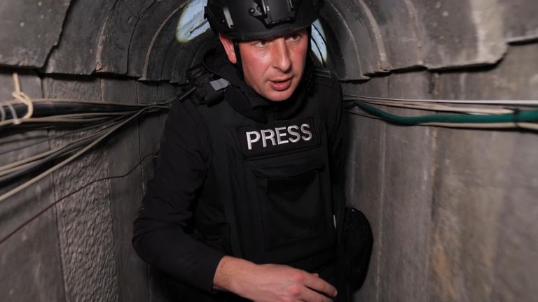 Still from Sky&#39;s Middle East correspondent Alistair Bunkall report from Khan Yunis in Gaza.

Alistair inside an alleged Hamas tunnel