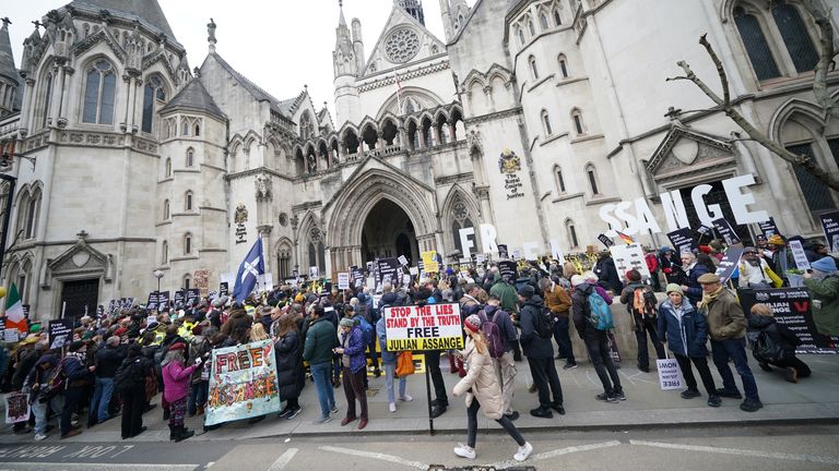 Supporters outside the Royal Courts Of Justice in London, during the two-day hearing in the extradition case of WikiLeaks founder Julian Assange. Picture date: Tuesday February 20, 2024.