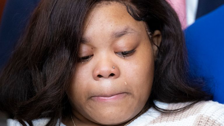 Jessica Ross in tears during the news conference about her baby. Pic: Ben Gray/Atlanta Journal-Constitution via AP