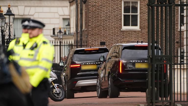 Two black SUVs, believed to be carrying Prince Harry, arrive at Clarence House.
Pic: PA