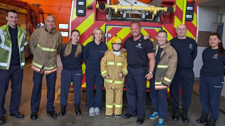 Blaine Beattie meets firefighters from Peterlee's white watch. Pic: County Durham and Darlington Fire and Rescue Service