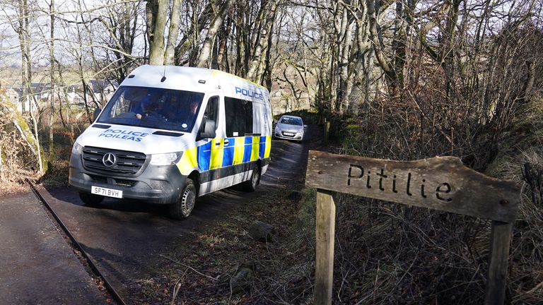 Pic: PA
Police at the scene in the Pitilie area on the outskirts of Aberfeldy, Perthshire after 65-year-old Brian Low was found dead next to his dog, he had suffered a fatal gun shot wound. Picture date: Thursday February 29, 2024.