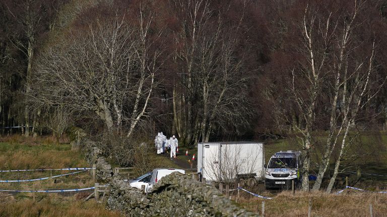 Police at the scene in the Pitilie area on the outskirts of Aberfeldy, Perthshire after 65-year-old Brian Low was found dead next to his dog, he had suffered a fatal gun shot wound. Picture date: Thursday February 29, 2024.