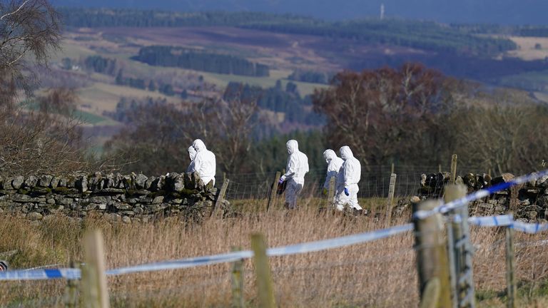 Police at the scene in the Pitilie area on the outskirts of Aberfeldy, Perthshire after 65-year-old Brian Low was found dead next to his dog, he had suffered a fatal gun shot wound. Picture date: Thursday February 29, 2024.