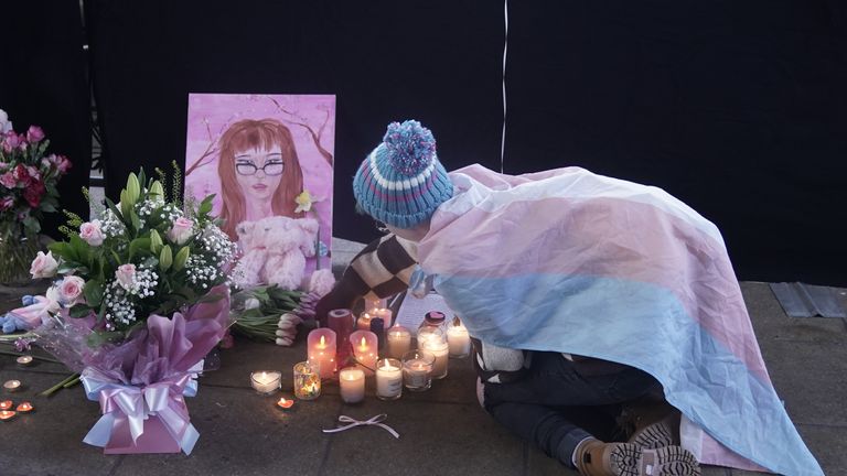 Tributes left during a vigil in Golden Square, Warrington, to mark the first anniversary of the murder of 16-year-old Brianna Ghey. Picture date: Sunday February 11, 2024.


