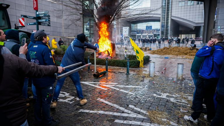 Pic: AP
Farmers burn garbage and tyres during a protest outside the European Parliament as European leaders meet for an EU summit in Brussels, Thursday, Feb. 1, 2024. European Union leaders meet in Brussels for a one day summit to discuss the revision of the Multiannual Financial Framework 2021-2027, including support for Ukraine. (AP Photo/Thomas Padilla)